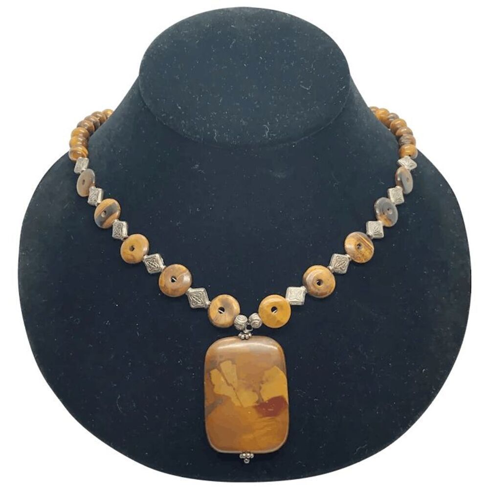 Unique Vintage Silver Tone Tiger's Eye Bead & Brown Stone Pendant Necklace